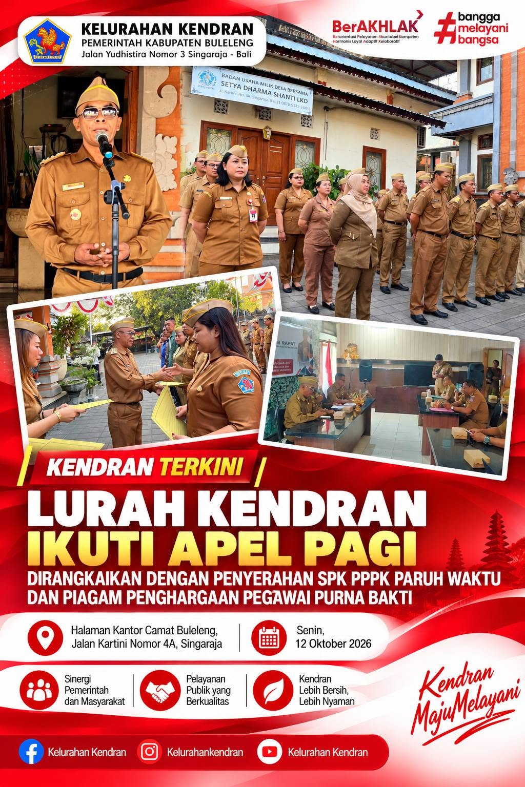 Lurah Kendran Ikuti Apel Pagi Kecamatan Buleleng, Dirangkaikan dengan Penyerahan SPK PPPK Paruh Waktu dan Piagam Penghargaan Purna Bakti